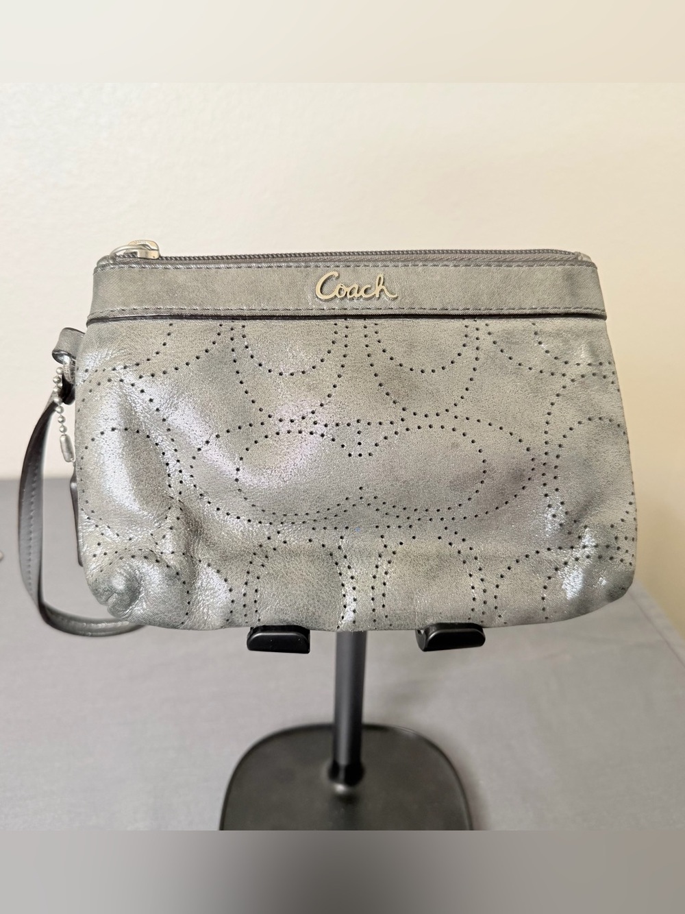 Coach Silver Perforated Logo Wristlet